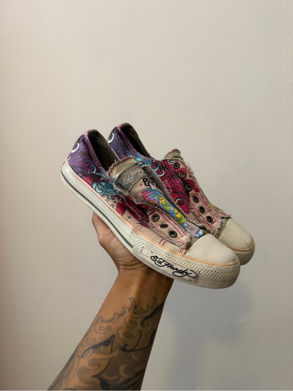 VINTAGE Y2K Ed Hardy Pink Koi Fish slip on canvas sneaker